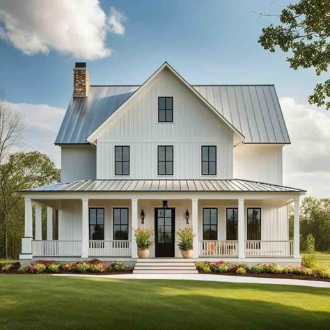 25 Stunning White Modern Farmhouses You Must See! White Farmhouse Exterior, Belton House, White Modern Farmhouse, Barn Style House Plans, Dream Life House, Farmhouse Inspiration, Modern Farmhouse Exterior, Cottage Ideas, Black Windows