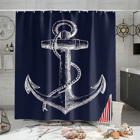 Dorm Room Curtains, Sailor Baby Showers, Rich Bathroom, Shower Stalls, Shower Rods, Bathroom Color Schemes, Striped Shower Curtains, Anchor Design, Blue Anchor