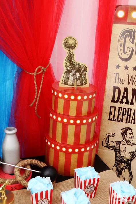 Vintage Circus Party Ideas Circus Theme Table Centerpieces, Circus Centerpieces, Halloween Carnevil, Circus Props, Vintage Circus Theme, Circus Cakes, Circus Party Ideas, Vintage Circus Party, Circus Vintage