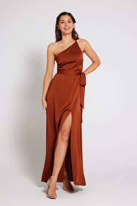 Copper Bridesmaid, Copper Bridesmaid Dresses, Backless Slip Dress, Aria Dress, One Shoulder Maxi Dress, Satin Wrap Dress, Rust Dress, Satin Midi Dress, Jumpsuit With Sleeves