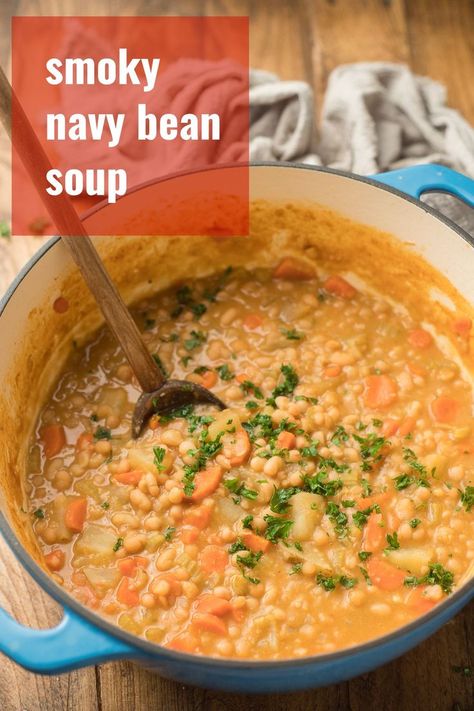 This scrumptious navy bean soup is packed with veggies and smoky flavor! Easy, delicious, and hearty enough to make a meal of. Oh, and it's vegan and gluten-free! Healthy Navy Bean Soup, Navy Bean Hummus Recipe, Vegan Navy Bean Soup, Navy Bean Recipes Vegetarian, Navy Bean Soup Vegetarian, Recipes Using Navy Beans, Navy Bean Soup Recipes, Vegan Navy Bean Recipes, Navy Beans Recipe