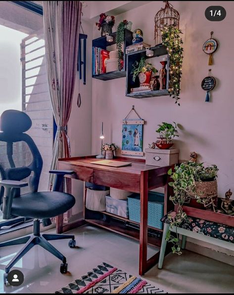 Indian Desk Decor, Study Table Painting Ideas, Indian Study Room, Indian Study Room Ideas, Elegant Midi Dress Wedding, Study Room Organization, Study Table Ideas, Work Corner, Midi Dress Wedding