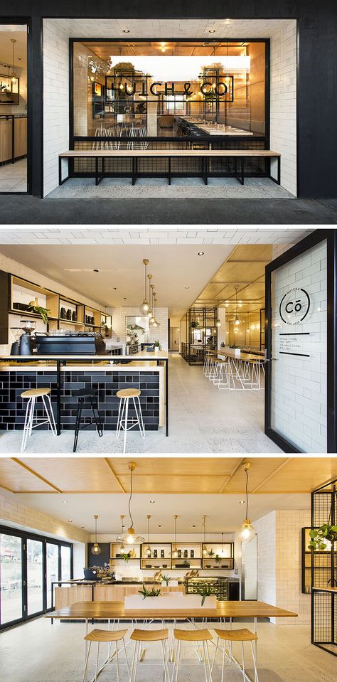 Biasol designed Hutch & Co, a cafe and restaurant in Melbourne, Australia, that combines black elements like window frames, tiles and metal work with light wood and white furniture, and concrete floors. Wood Cafe, Modern Coffee Shop, Café Design, Design Café, Coffee Shops Interior, Restaurant Lighting, Shop Layout, Coffee Shop Design, Cafe Interior Design