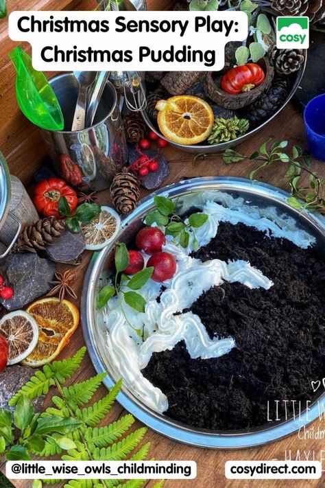 Christmas sensory play set up with muddy Christmas pudding and loose parts. Reindeer Soup Tuff Tray, Christmas Activities Early Years, Christmas Messy Play Ideas, Christmas Tuff Trays, Christmas Tuff Tray Ideas Eyfs, Eyfs Christmas Activities, Christmas Messy Play, Christmas Tuff Tray Ideas, Water Tray Ideas Eyfs