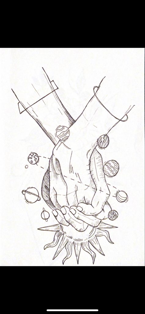 Drawing Ideas Holding Hands, Holding Hands Aesthetic Painting, Hands Holding Planets Tattoo, Planet Sketches Solar System, Holding Hands Aesthetic Drawing, Solar System Drawing Aesthetic, Couple Hands Holding Drawing, Solar System Sketch, Holding Hands Doodle