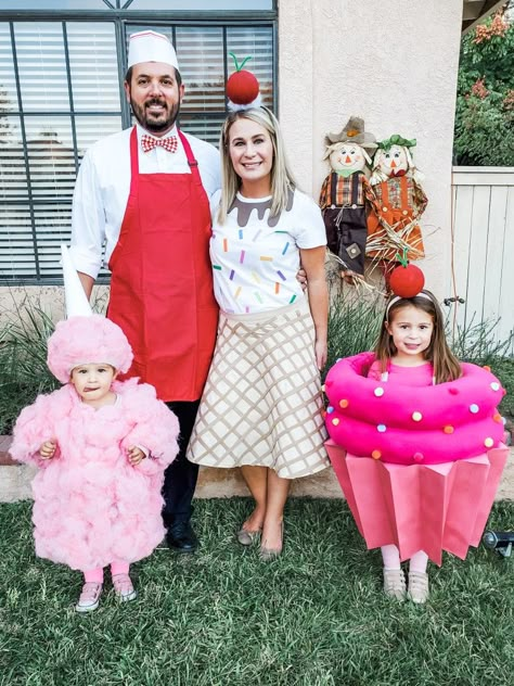 Family Food Halloween Costumes, Bakery Halloween Costumes, Family Bakery Costumes, Ice Cream Parlor Costume, Ice Cream Family Halloween Costume, Sweet Treat Halloween Costumes, Baker And Cupcake Costume, Dessert Halloween Costumes, Food Family Costumes