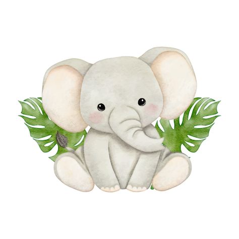 Watercolor baby Elephant sitting in leaf wreath. Safari baby animal for wall art, nursery decorations, birthday invitations Elephant Sitting, Black Panther Cat, Jungle Theme Birthday Party, Panther Cat, 4 Cake, Safari Baby Animals, Ideas Cumpleaños, Nursery Decorations, Jungle Theme Birthday