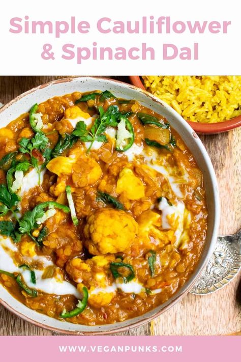 Vegan dahl is so easy to make and this one has added extras – cauliflower and spinach! So delicious, also known as red lentil curry! Vegan Dahl, Red Lentil Curry, Spinach Dal, Red Lentil Recipes, Vegan Tikka Masala, Dahl Recipe, Cultural Foods, Lentil Curry Recipes, Vegan Curry Recipes