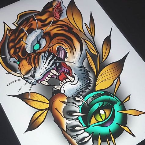 Tiger Neotraditional, Neo Traditional Tiger, Neotraditional Tattoo Design, Brighton Tattoo, Big Cat Tattoo, Ma Tattoo, Neo Tattoo, Traditional Tattoo Flowers, Neotraditional Tattoo