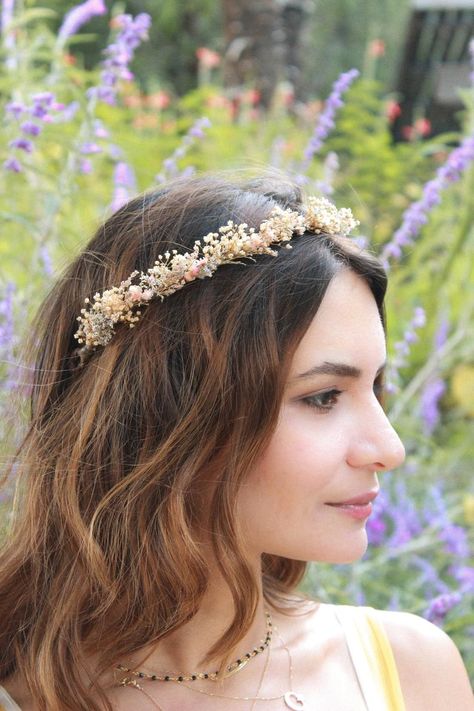 Crown Simple, Dried Flower Crown, Wedding Peach, Bohemian Rustic, Peach Hair, Crown Flower, Crown Wedding, Flower Crown Wedding, Flower Headpiece