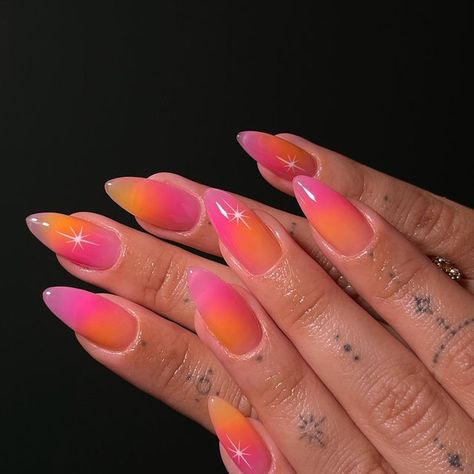 Pink Orange Gradient Nails, Orange Aurora Nails, Airbrush Summer Nails, Orange Sherbert Nails, Tequila Sunrise Nails Summer, Orange Hot Pink Nails, Aura Nails Multicolor, Pink Orange Nail Art, Aura Nails Pink And Orange