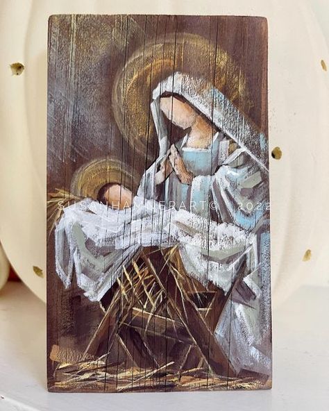 Nativity Painting, Diy Nativity, Religious Artwork, Christmas Artwork, Handmade Christmas Crafts, Jesus Painting, Christmas Door Hanger, Baby Jesus, Canvas Signs