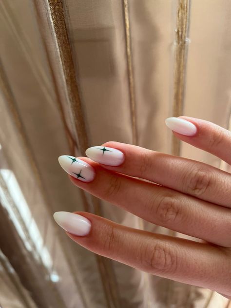 Gel X Nails White Design, Minimalist Nails Almond Green, White French Tip With Star Design, Minimalist Nails Stars, White Stars On Nails, Nails With A Star Design, White With Stars Nails, White Nails With Green Accent, Yogi Nails