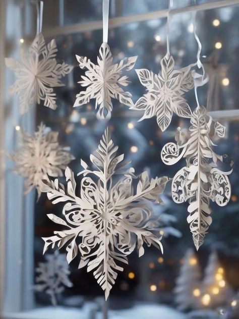 Create a magical winter wonderland indoors with these delicate snowflake patterns made from white paper. Hang them in your windows and watch as the light filters through, creating a beautiful and enchanting display. #winterwonderland #windowdecor #snowflakes #homedecor #DIYdecor #Christmasdecorations Snowflake Window Clings, Winter Window Display Store Fronts, Snowflakes On Windows, Snowflake Window Display, Winter Window Decor, Window Snowflakes, Winter Window Display, Xmas Window, Snowflake Patterns