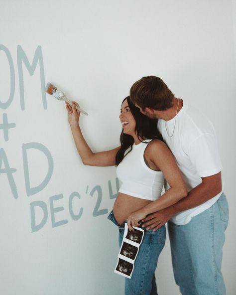 Mom + Dad 🍼🤫 The cutest In-Home session! #photography #photographer #inhomesessionphotographer #pregnancy #pregnancyannouncement #amarillo #amarillophotographer Painting Nursery Photoshoot, At Home Baby Announcement Photoshoot, Pregnancy At Home Photoshoot, Pregnancy Announcement Photos Christmas, Couple Gender Reveal Ideas, Couple Pregnancy Announcement Photoshoot, Creative Pregnancy Announcement Photos, In Home Pregnancy Announcement Photos, At Home Pregnancy Pictures