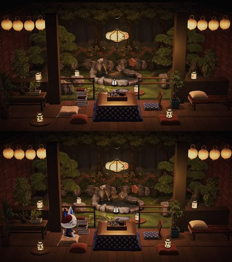 Animal Crossing House Ideas Inside, Acnh Japanese Room Ideas, Acnh Kotatsu Design, Acnh Japanese Island Ideas, Acnh Japanese Bedroom, Japanese House Animal Crossing, Acnh Teahouse, Happy Home Paradise Japanese, Acnh Japanese Garden