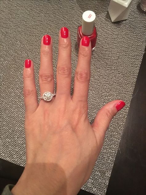 Essie /Russian Roulette.  Red Nail Polish/ engagement ring/My favorite red! Red Moissanite Ring With Round Cut, Red Moissanite Round Cut Jewelry, Essie Russian Roulette, Red Nails Whisper, Red Ruby Round Ring, Luxury, Russian Roulette, Red Nail Polish, Red Nail, Red Nails