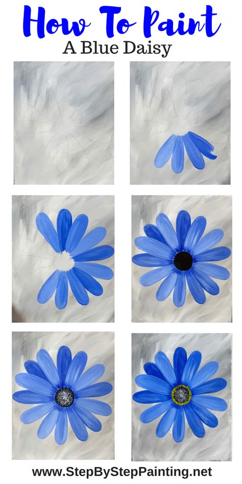 Daisy Painting - Step By Step Painting - Tutorial for Beginners Flower Painting Easy, Painting Step By Step, Painting Instructions, Easy Flower Painting, Blue Flower Painting, Acrylic Painting Flowers, Daisy Painting, Simple Canvas Paintings, Canvas Painting Tutorials