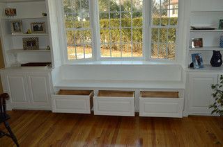 Built in book shelf's and Bay window with seat and draws - Traditional - Living Room - Boston - by Phillip F Gaudette Construction Co. | Houzz Window Bookcase, Den Remodel, Window Bay, Studio Renovation, Small Den, Boston Living Room, Built In Window Seat, Bookcase Ideas, Window Seat Design