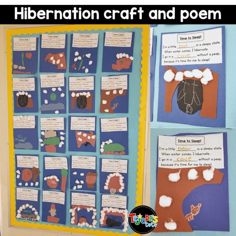 When we learn about hibernation, we love singing this poem to learn about how each animal survives the cold winter! Read this post for tons of ideas about migration, camouflaging, and other ways animals adapt. One of my favorite science units for kindergarten and first grade! #tejedastots #animalsinwinter #hibernation Hibernate Migrate Adapt Preschool, Animals In Winter Kindergarten, Hibernation Crafts Kindergarten, Kindergarten Hibernation, Hibernation Kindergarten, Hibernation Art, Winter Animals Kindergarten, Preschool Bears, Hibernation Preschool Theme