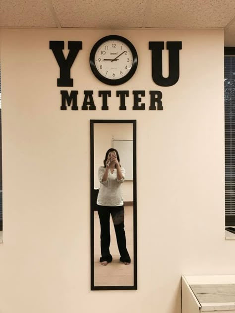 Corner in office. Full length mirror... Or just regular mirror with an inspiring message for students to use on the way out of my office. LOVE this idea! Teachers Lounge Decor, Teachers Lounge Makeover, Mirror Office, School Office Decor, Counseling Office Decor, School Nurse Office, Staff Lounge, School Counselor Office, Office Wall Design