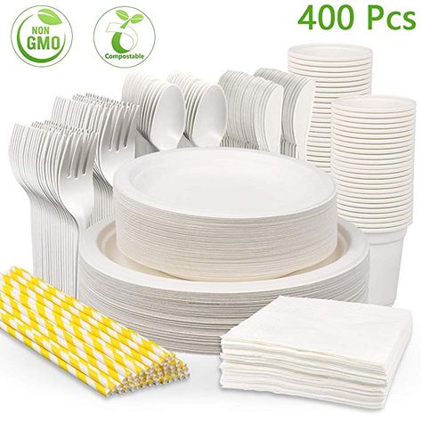 Amazon.com: 400Pcs Disposable Dinnerware Set,Compostable Sugarcane Cutlery, Eco-Friendly Paper Plates, Compostable Cornstarch Forks, Knives, Spoons, Cups,Straws and Napkins for Party, Camping,Picnic (50 Guests): Kitchen & Dining Pastry Display, Sandwhich Recipes, Disposable Food Containers, Thanksgiving Plates, Hosting Essentials, Christmas Paper Plates, Disposable Cutlery, Plastic Cutlery, Prep Kitchen