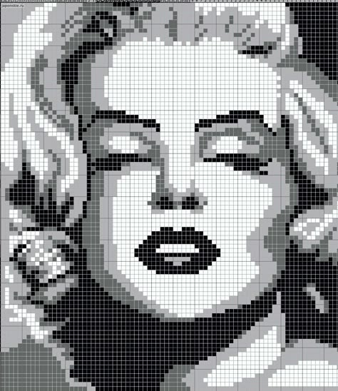 Marilyn Monroe pattern Marilyn Monroe Perler Beads, Marylin Monroe Pixel Art, Marilyn Monroe Cross Stitch, Marilyn Monroe Pixel Art, Cross Stitch Black And White, Detailed Pixel Art, Pixel Art Hard, Pola Macrame, Modele Pixel Art