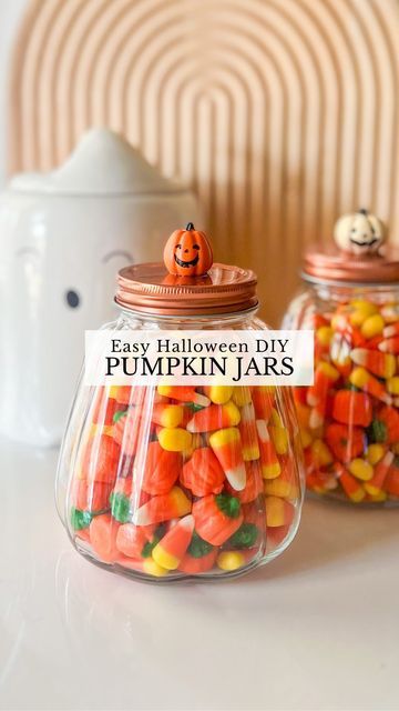 Sierra Miller | Content Creator on Instagram: "Let’s try this diy again…but this time, let’s make pumpkin candy jars! 🎃 I found these jars @dollartree and knew they’d be perfect to pair with these mini pumpkins from the @target dollar spot. It couldn’t be any easier and cost under $4 to make both! 🙌🏻 These would look so cute on the counter as a special treat or even as a gift with some ribbon and a tag. Let me know if you try it! . . . . . #halloween #halloweendiy #halloweengifts #halloweencraf Fall Candy Jar Ideas, Candy Jars Diy, Halloween Candy Jar, Diy Halloween Candy, Mason Jar Candy, Halloween Sleepover, Halloween Candy Bowl, Halloween Pumpkin Diy, Halloween Mason Jars