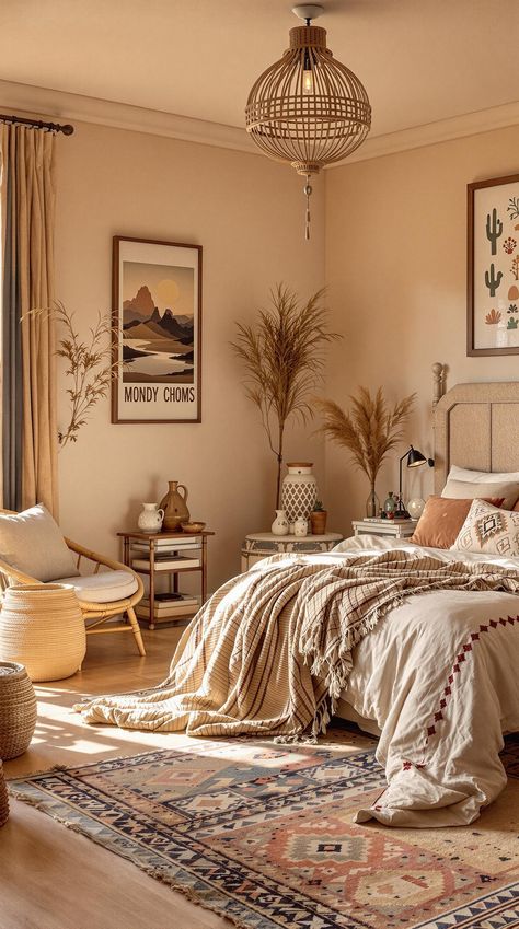 Boho Bedroom Apartment Boho Mom Bedroom, Southwest Room Decor, Cute Bedroom Asthetics, Apartment Boho Aesthetic, Boho Bedroom Set, Aztec Room Ideas, Boho Bedroom Brown, Bohomeian Home Decor, Boho Interior Design Bedroom