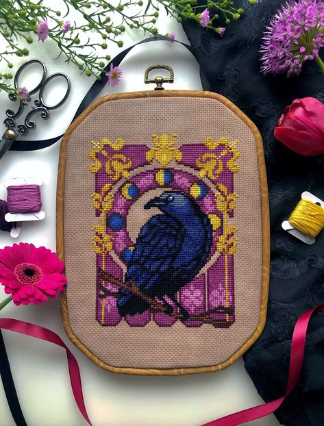 In the enchanting world of Art Nouveau, behold the mischievous Art Nou-crow. Attracted by anything shiny, his needle collection is immense! Isn't he just like us?  PRACTICAL INFORMATION:  This design uses 14 DMC colours and requires no backstitching.  Difficulty: intermediate.  The pattern is 74 stitches wide x 98 stitches tall. On count 14 fabric, the design is 5-1/4 inches/13.4cm wide x 7 inches/17.8cm tall. To calculate this pattern's size with any other count than 14, use an online cross stitch calculator. The PDF file contains:  - Image of the finished pattern (stitched). - Pattern details.  - Beginner tips & tricks.  - Colour key with DMC threads. Note: if you purchase this item you will receive a PDF file with the pattern. You will NOT receive a fully stitched version of the pattern Dark Academia Cross Stitch, Oval Cross Stitch Pattern, Needle Point, Art Nouveau Cross Stitch, Luna Moth Cross Stitch Pattern Free, Luna Moth Cross Stitch, Cross Stitch Art Nouveau, Moth Cross Stitch Pattern Free, Cross Stitch Calculator