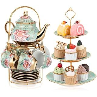 Amazon.com | CHANJOON 20 Piece Gold plated red rose ceramic tea set, vintage tea set with teapot, beautiful tea and coffee service for 6 people 20 pieces: Tea Sets Tea Room Decor, Ceramic Cake Stand, Flower Tea Cup, Tiered Dessert Stand, Christmas Tea Party, Cake Stand Ceramic, Tea Party Table, Tea Party Setting, Teapot Set