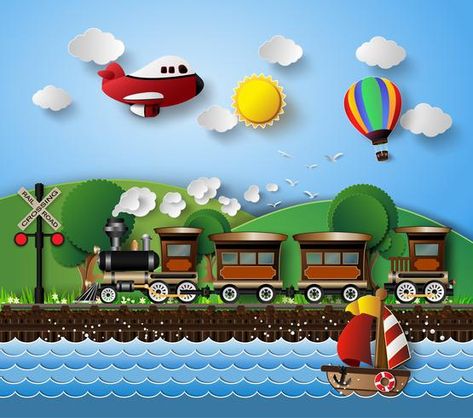 sunlight on cloud with Transport and Vehicles. Transportation Birthday Theme, Balloon Vector, Transportation Birthday, Kids Study, Theme Background, Photo Banner, Cardboard Crafts, Photography Backdrop, Hot Air Balloon