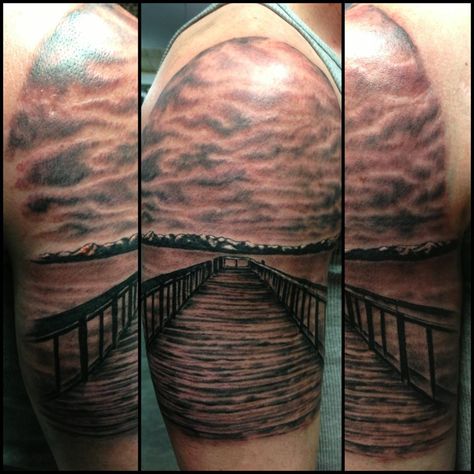 Tattoo of Pier on Lake Tahoe By Russell Fortier @Lucky 7 Tattoo & Piercing-tahoe Riverbank Tattoo, Pier Tattoo, Tahoe Tattoo, Ap Tattoo, Lucky 7 Tattoo, 7 Tattoo, Forarm Tattoos, City Tattoo, Lucky 7