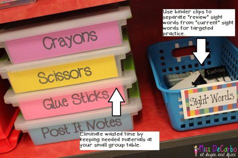 Hello friends! I’m so excited to be a part of this month’s Bright Ideas Link Up! Today I’m sharing some organizational tips for your small group reading area.  I don’t know about you, but small group instruction is SUPER important to me! My small group table is the area in my room that I spend … Small Group Organization, Small Group Table, Sigh Words, Guided Reading Organization, Material Storage, Organizational Tips, Organisation Ideas, Small Group Reading, Work Supplies