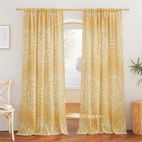 Amazon.com: NICETOWN Boho Curtains Burlap Linen Drapes, Rod Pocket Privacy Semi Sheer Eclectic Bohemian Panels Indian Mandala Pattern with Light Filter for Bedroom/Living Room, W52 x L84, Yellow, 1 Pair : Home & Kitchen Naples Yellow, Curtains Linen, Decorative Curtain Rods, Bohemian Curtains, Indian Mandala, Linen Drapes, Sheer Curtain Panels, Boho Curtains, Drape Panel