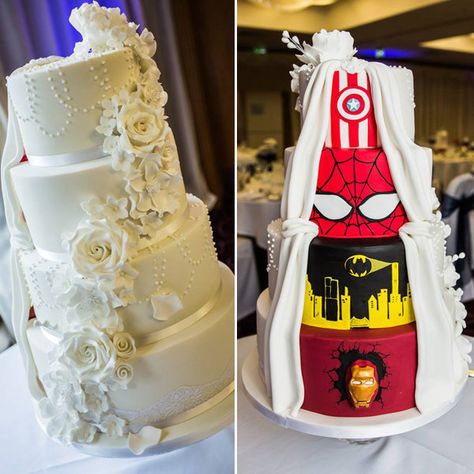 <span class='image-component__caption' itemprop="caption">Credit: <a href="http://www.jdoranphotography.co.uk/">J. Doran Photography</a> </span> Superhero Wedding Cake, Marvel Wedding, Geeky Wedding, Superhero Wedding, Nerdy Wedding, Disney Wedding Cake, Marvel Cake, Cool Wedding Cakes, Maggie Sottero