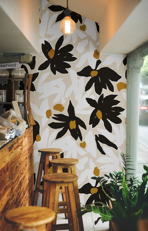 Peel And Stick Wallpaper For Spa, Black And White Statement Wall, Black Walls Bright Decor, Texture Peel And Stick Wallpaper, Bold Neutral Wallpaper, Black And Mustard Wallpaper, Large Scale Peel And Stick Wallpaper, Statement Wallpaper Hallway, Non Floral Wallpaper