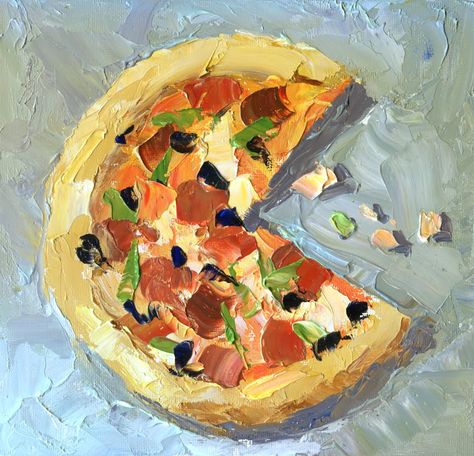 Palette Knife Painters: PIZZA PAINTING WITH A CREDIT CARD by Tom Brown Anime Food Painting, Pizza Oil Painting, Pizza Painting, Pizza Illustration, Pizza Drawing, Tom Brown, Food Art Painting, 심플한 그림, Pizza Art