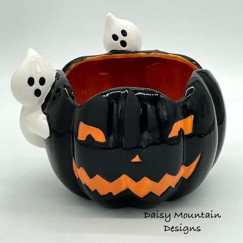 New Ceramic Black Jack O Lantern Pumpkin Candy Bowl With Two Cute Little Ghosts Hanging On The Sides. Measures Approx 9” In Diameter X 7”H. Christmas Palm Tree, Halloween Candy Bowl, Christmas Music Box, Christmas Express, Train Ornament, Spongebob Square, Nutcracker Soldier, Unicorn Ornaments, Rainbows Christmas