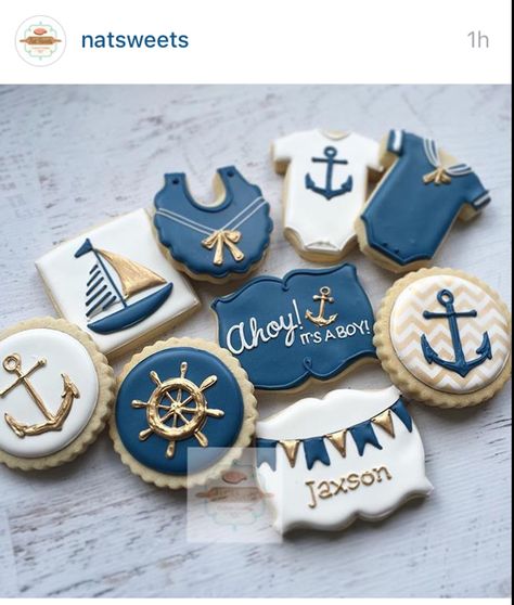 Baby Shower Cookies For Boy, Nautical Food, Fishing Cakes, Anchor Cookies, Vintage Baby Shower Boy, Baby Shower Ideas For Boys, Gold Cookies, Ideas For Baby Shower, Airplane Baby