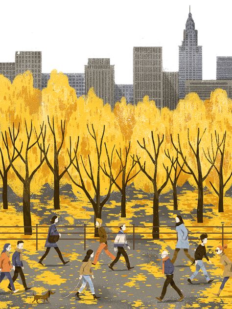 Cover Illustration, Editorial Illustration, The Park, Editorial, Walking, Trees, New York, Magazine, Yellow