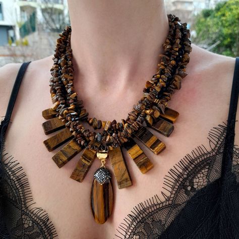 Raw Tiger Eye Onyx Beaded Necklace Women. Handmade Jewelry. - Etsy Canada Chunky Beaded Necklace, Chunky Jewelry Necklace, Bold Bohemian, Large Bead Necklace, Chunky Bead Necklaces, Big Necklace, Contemporary Necklace, Necklace Big, Tiger Eye Jewelry