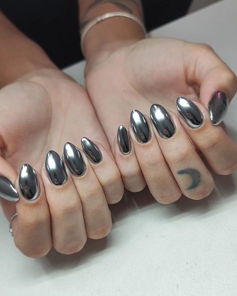 Dark Silver Chrome Nails, Silver Chrome Acrylic Nails, Why Is Everything Chrome, Chrome Nails Silver, Silver Chrome Nails, Silver Chrome, Silver Nails, Chrome Nails, May 1