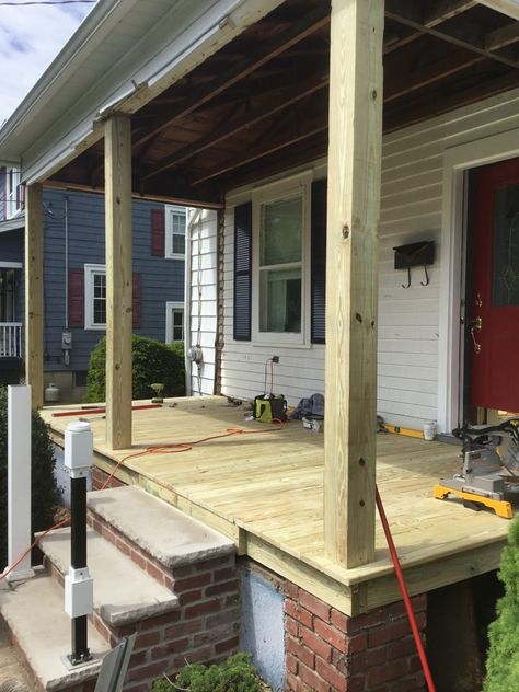 Pressure-Treated Lumber Porch Porch Post Ideas, Cement Porch, Porch Renovation, Front Porch Remodel, Porch Pillars, Column Ideas, Farmhouse Stairs, Stone Porches, Outdoor Improvements