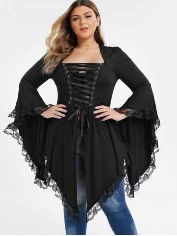 Plus Size Lace Up Asymmetrical Lace Panel Gothic Tee  Available up to 5XL  Material: Polyurethane,Rayon Shirt Length: Regular Sleeve Length: Full Collar: Square Neck Style: Gothic Season: Fall Sleeve Type: Flare Sleeve Embellishment: Lace,Lace up Pattern Type: Solid Weight: 0.5050kg Package Contents: 1 x Tee Gothic Tees, Plus Size Gothic, Gothic Costume, Gothic Tops, Ombre Lace, Plus Size Tank Tops, Women's Casual Style, Gothic Outfits, Fashion Seasons