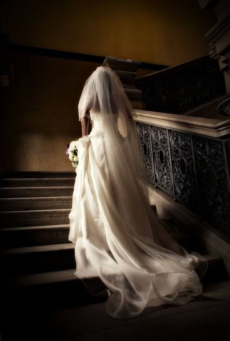 Bride On Stairs, Pictures On Stairs, Trilogy Aesthetic, Harlaxton Manor, Nikkah Photography, Aesthetic Dream, Runaway Bride, Wedding Pose, Bridal Photo