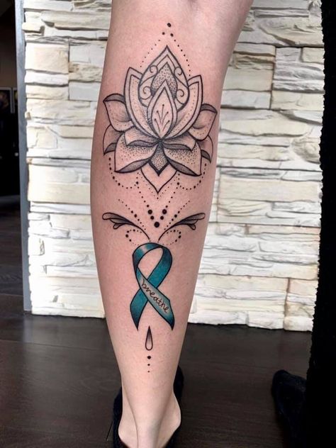 Teal ribbon - breathe - lotus - mandala - dotwork - tattoo Teal Ribbon Tattoo, Shoulder Sleeve Tattoos, Uv Tattoo, Mommy Tattoos, Ribbon Tattoos, Dotwork Tattoo, Teal Ribbon, Lotus Mandala, Line Tattoos