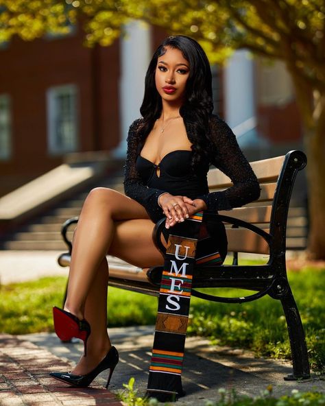 Senior Pictures With Graduation Cap, University Grad Photoshoot, Graduation Pictures Ideas Black Women, Red Bottom Graduation Pictures, College Graduation Black Women, Umd Graduation Pictures, Graduation Shoot Black Women, Grad Pics Black Women, Grad Pic Outfits