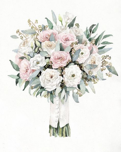 Bouquet Watercolor Painting, Wedding Bouquet Painting, Valentines Romantic, Flower Bouquet Drawing, Flowers Portrait, Bouquet Watercolor, Bouquet Painting, Watercolor Bouquet, Décor Boho