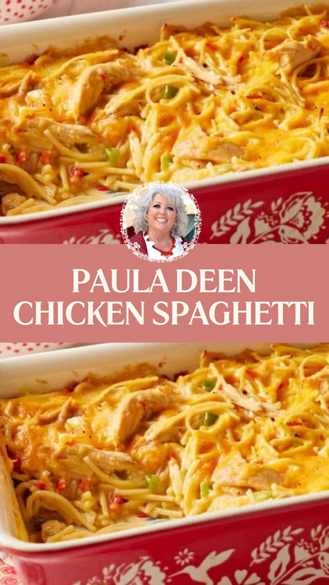 Paula Deen Chicken Spaghetti Cheddar Chicken Spaghetti, Campbell's Recipes Easy, Paula Deen Chicken Spaghetti, Chicken Spaghetti Recipe Velveeta, Paula Deen Chicken Casserole, Mama Sues Southern Kitchen Recipes, Chicken Cheese Spaghetti, Southern Chicken Spaghetti Recipe, Simple Dinner Recipes For Family